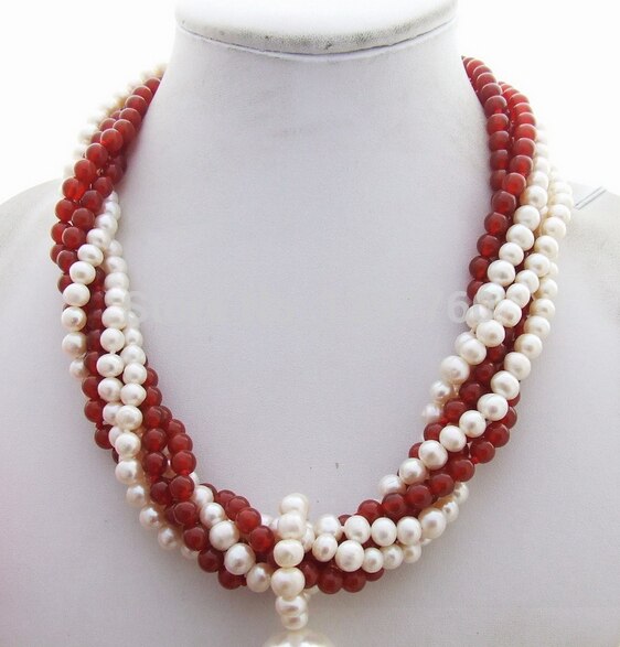 Miss charm Jew.141 Excellent! 6Strds Pearl&Carnelian Necklace