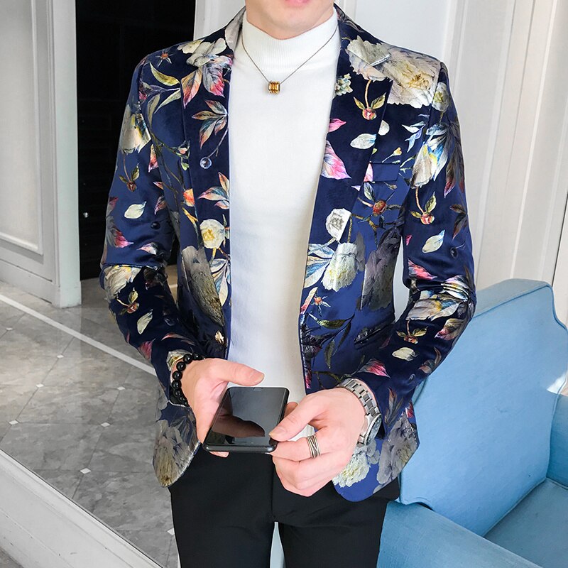 Terno masculino blomma kavaj herr mönster kostym jacka affärscausal män slim fit kavaj bröllopsfest balblazer: Marinblå / L