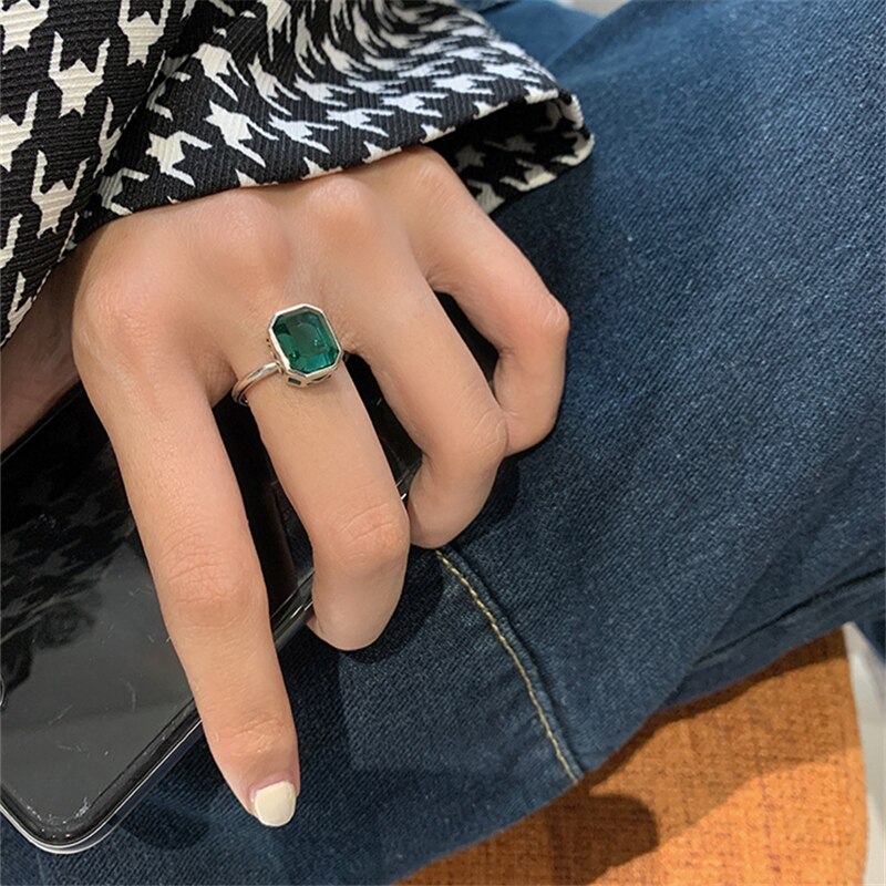 AOMU Retro Distressed Metal Green Zircon Geometric Round Square Luxury Opening Ring for Women Jewelry