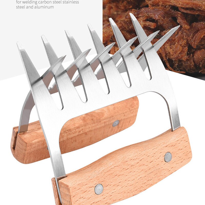 Wooden Handle Stainless Steel Bear Claw Tearing Chicken Meat Separator Six Teeth Picnic Meat Cutting Multifunction Tool