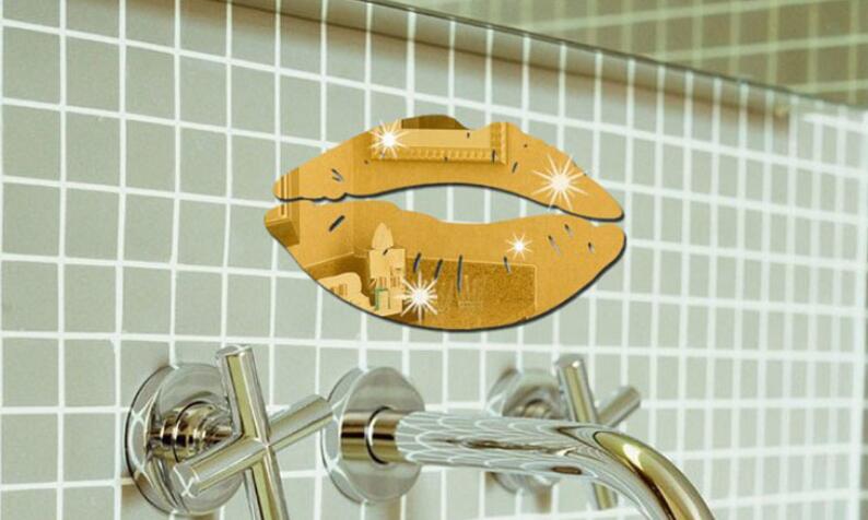 Rode Lippen Kus Crystal Acryl Spiegel Muursticker 3D Muursticker Muurtattoo Home Decor Home Decoratie Douche Badkamer: gold