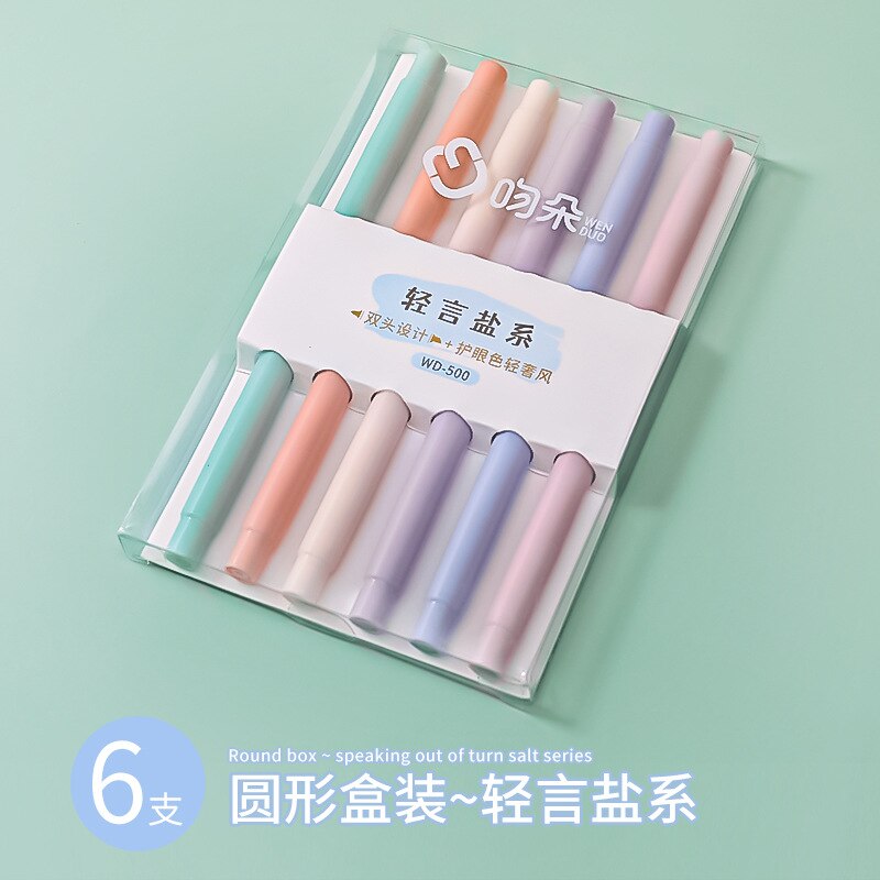 Stylos surligneurs à Double pointe Kawaii, carrés et ronds de couleur bonbon, marqueurs Manga Midliner Pastel, ensemble de protection des yeux 6 pièces: Round Salt