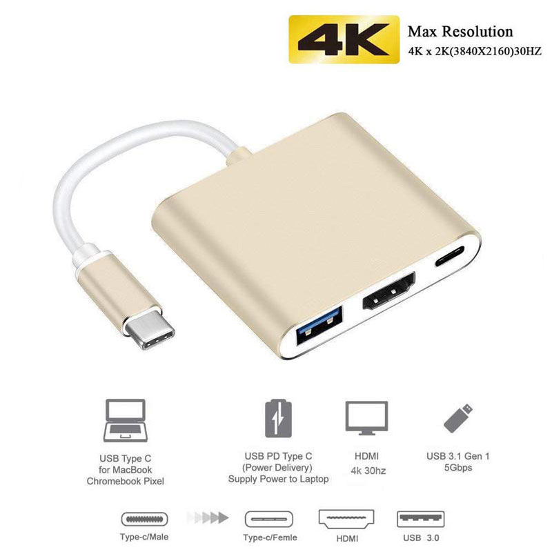 Liitettävä usb-c-keskitin hdmi-liitäntään macbook prolle/airille, thunderbolt 3: lle, usb-c-telakointisovitin, tukee samsung dex -tilaa, pd usb 3.0: Kulta-