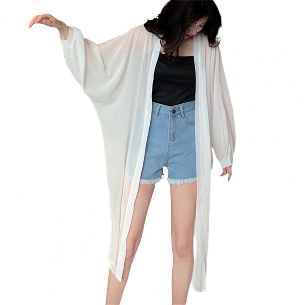 Vrouwen Zomer Mouw Effen Kleur Anti Zon Dunne Vest Midi Jas Vrouwelijke Zomer Strand Kimono Lange Batwing: WHITE
