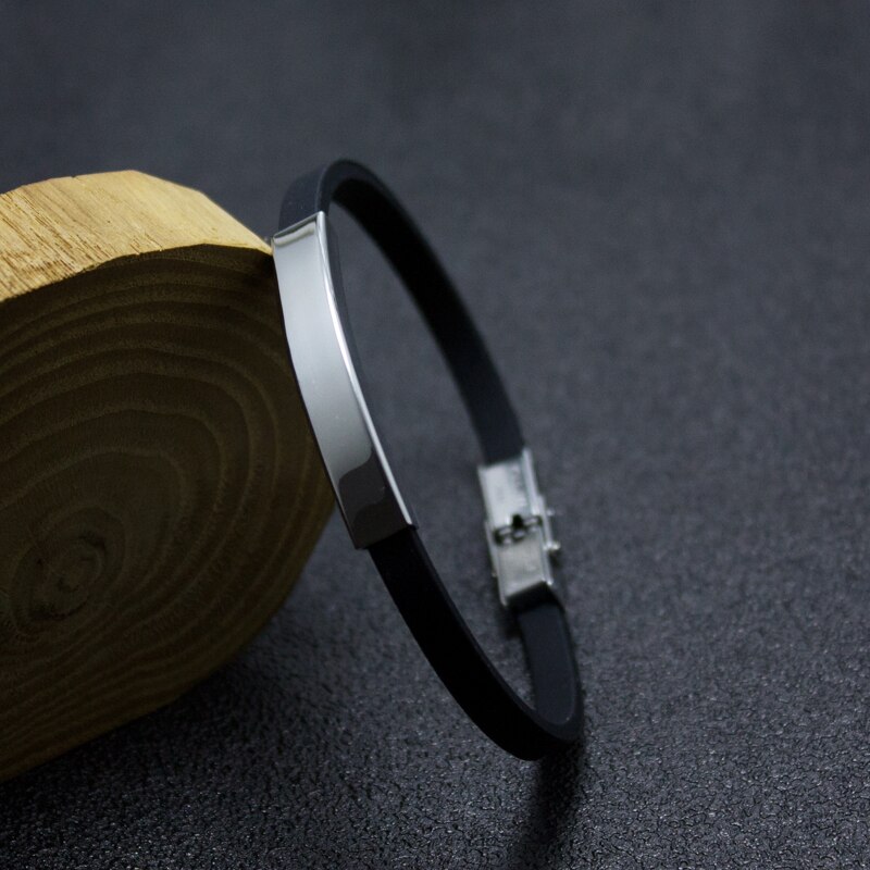 Casual Vintage Handmade Black Rubber Bracelet Silver Color Stainless Steel Bar Silicone Men&#39;s Hand Strap