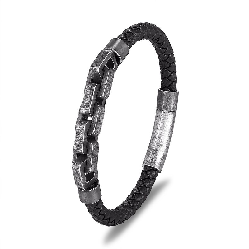 MKENDN Punk Rock bracciale in pelle da uomo Biker Link Chain gioielli Viking bracciali maschili in acciaio inossidabile accessori moto regalo: L484 / 19 centimetri