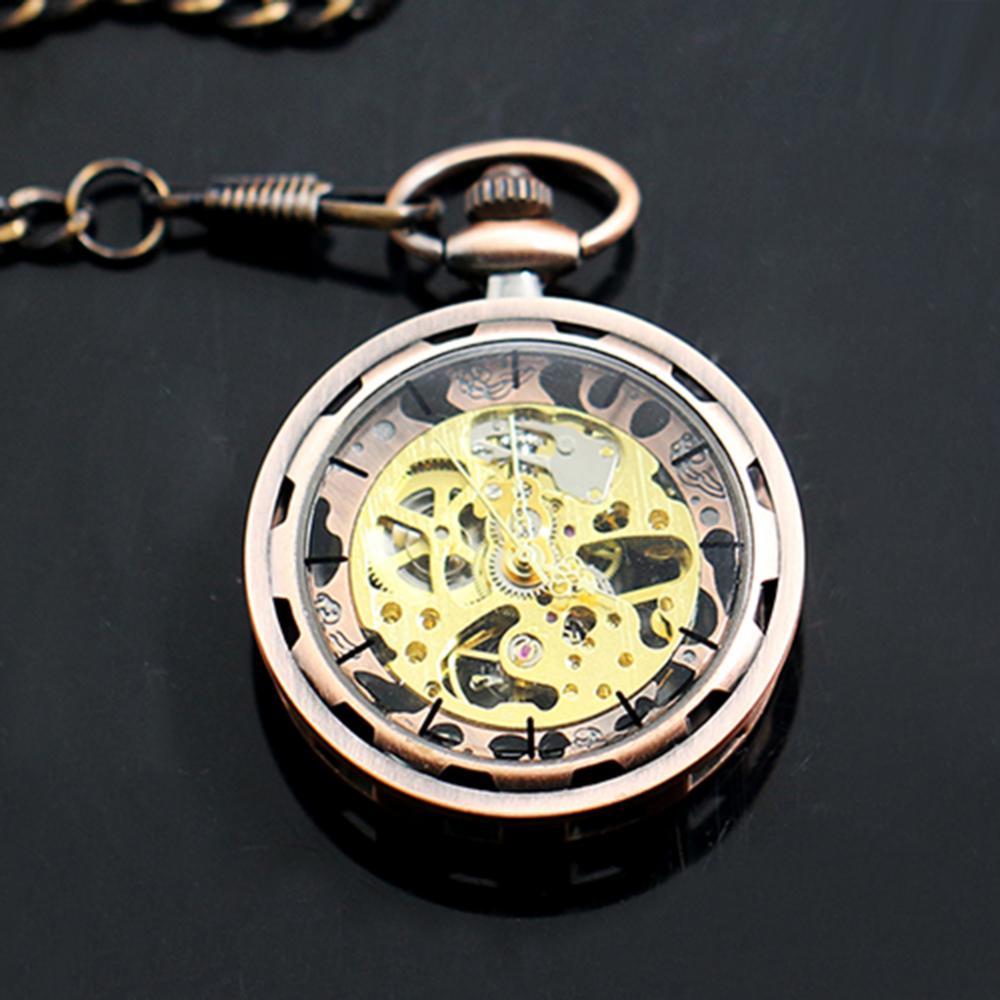 Unisex Luxury Silver Skeleton Mechacnical Hand-winding Mens Pocket Watch with Chain Smooth Steel Women Unisex Pocket Watch