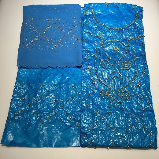 bazin riche getzner african fabric with rhinestones & beads latest top 3 in 1 basin tissu africain brocade fabric for dress: Blue