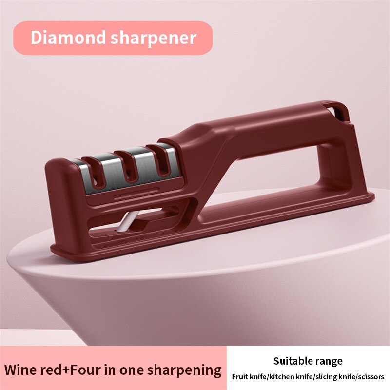 4 In 1 Knife Sharpener Manual Knife Sharpening Tool Scissors Sharpening Stone With 1 More Replace Sharpener Kitchen Accessories: Red