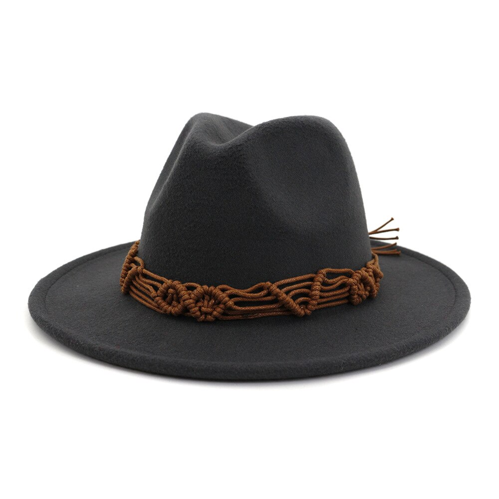 HanXi Women Hat Wool Fedoras Felt Hat Flat Brim Cap Twist Band: dark gray