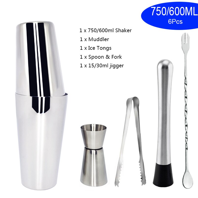 12 teile/satz 750/600ml Cocktail Shaker Set kit Bartender Kit shaker Edelstahl Bar Tool Set Bartending Kit mit Wein Rack: 6Pc 750ml 600ml
