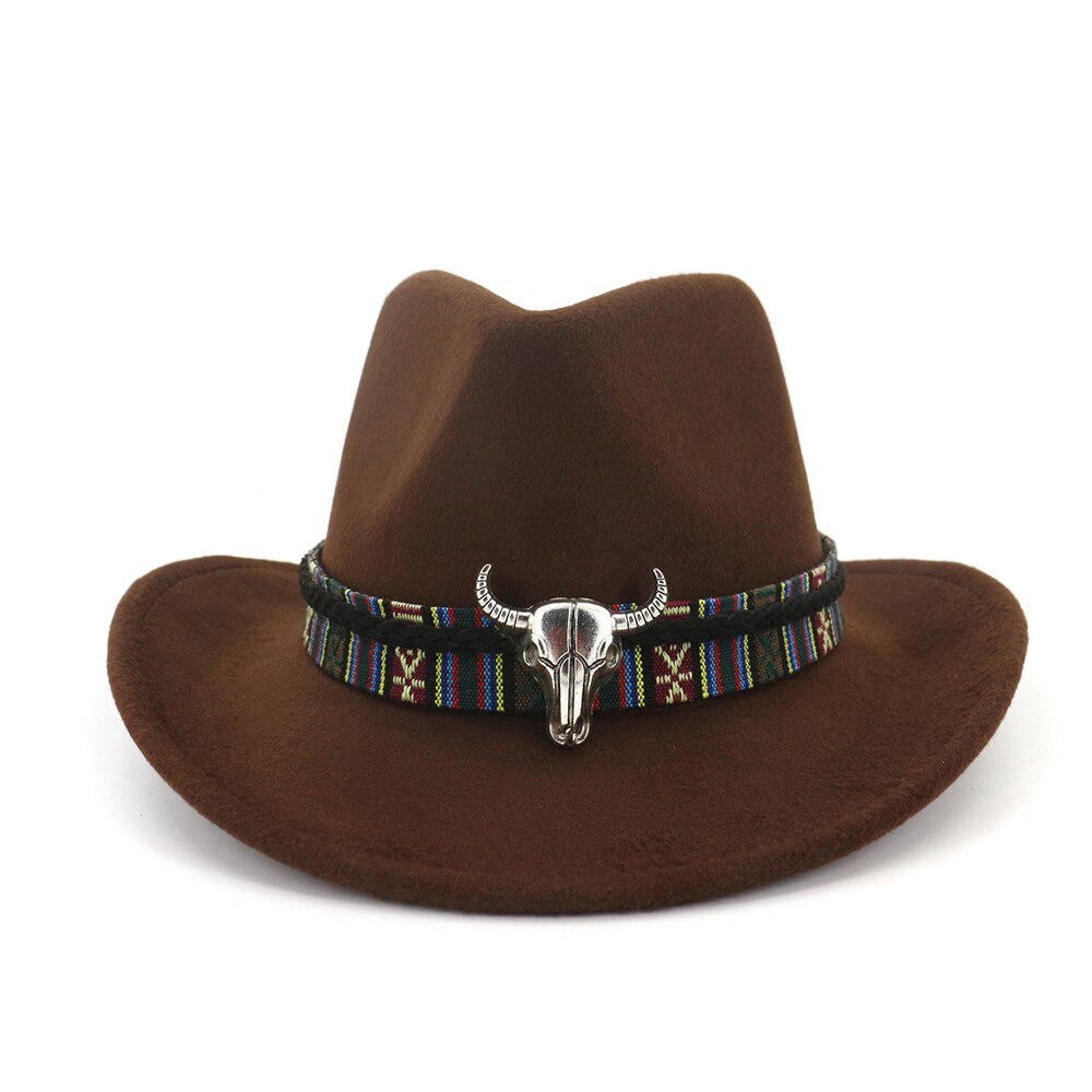 Chapéu de vaqueiro ocidental, chapéu de cowboy da moda, com cabeça de vaca, aba larga, chapéu de lã pop jazz, chapéu de inverno, tamanho 56-58cm: Dark Coffee