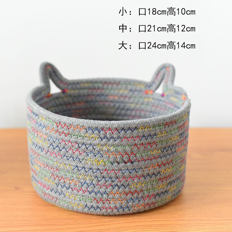 Box Fabric Office Storage Basket Decorative Accessories Cat Ear Desktop Hand-woven Cotton Rope Key Sundries Snack Basket: Color Gray / S 18X10CM