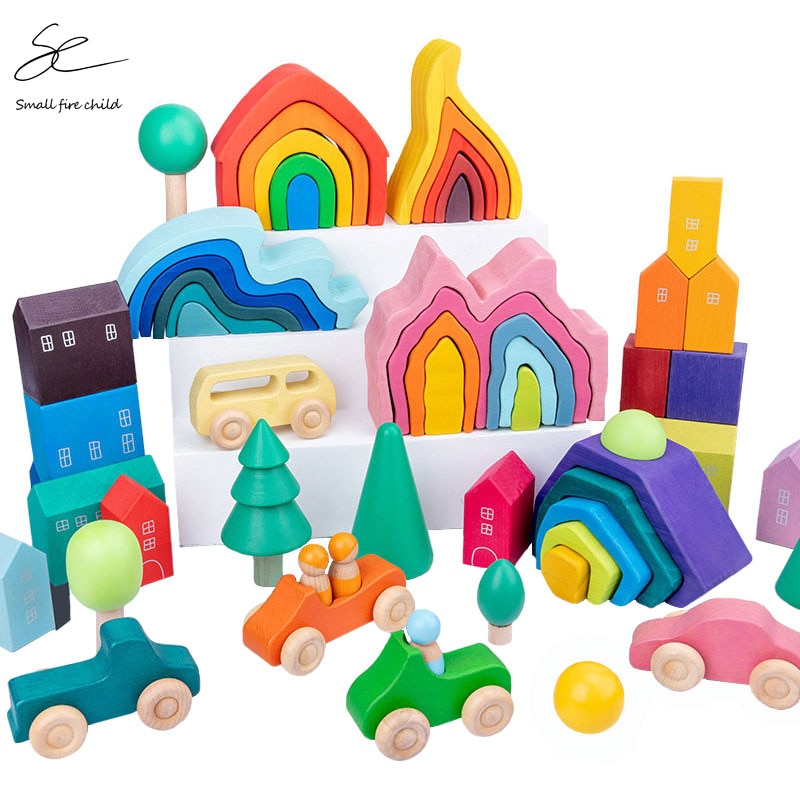 Children's Montessori Wooden Building Blocks Early Education Educational Toys Tree Flame House Stone Rainbow Blocks Wooden Toys