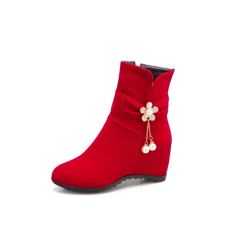 PXELENA fleur douce perle chaîne mariée mariage bottes chaussures d'hiver caché talons hauts Faux daim troupeau bottines rouge 43: Rouge / 7