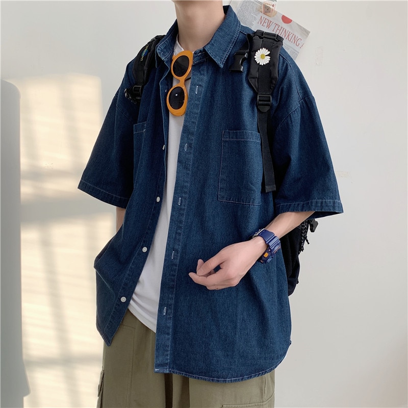 2021Mens Summer Denim Shirts Thin Short Sleeve Soft Cotton Shirt Men Pockets Slim Slight Elastic Jeans Cowboy Shirt