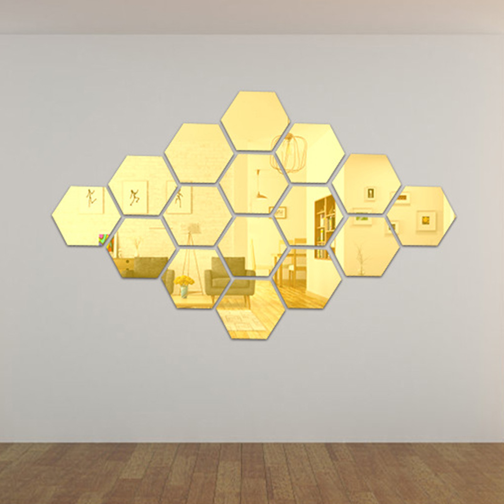 12PCS 3D Background Wall Honeycomb Hexagonal Acrylic Honeycomb Wall Sticker Mirror Self-adhesive Room Aisle Decorative Mirror