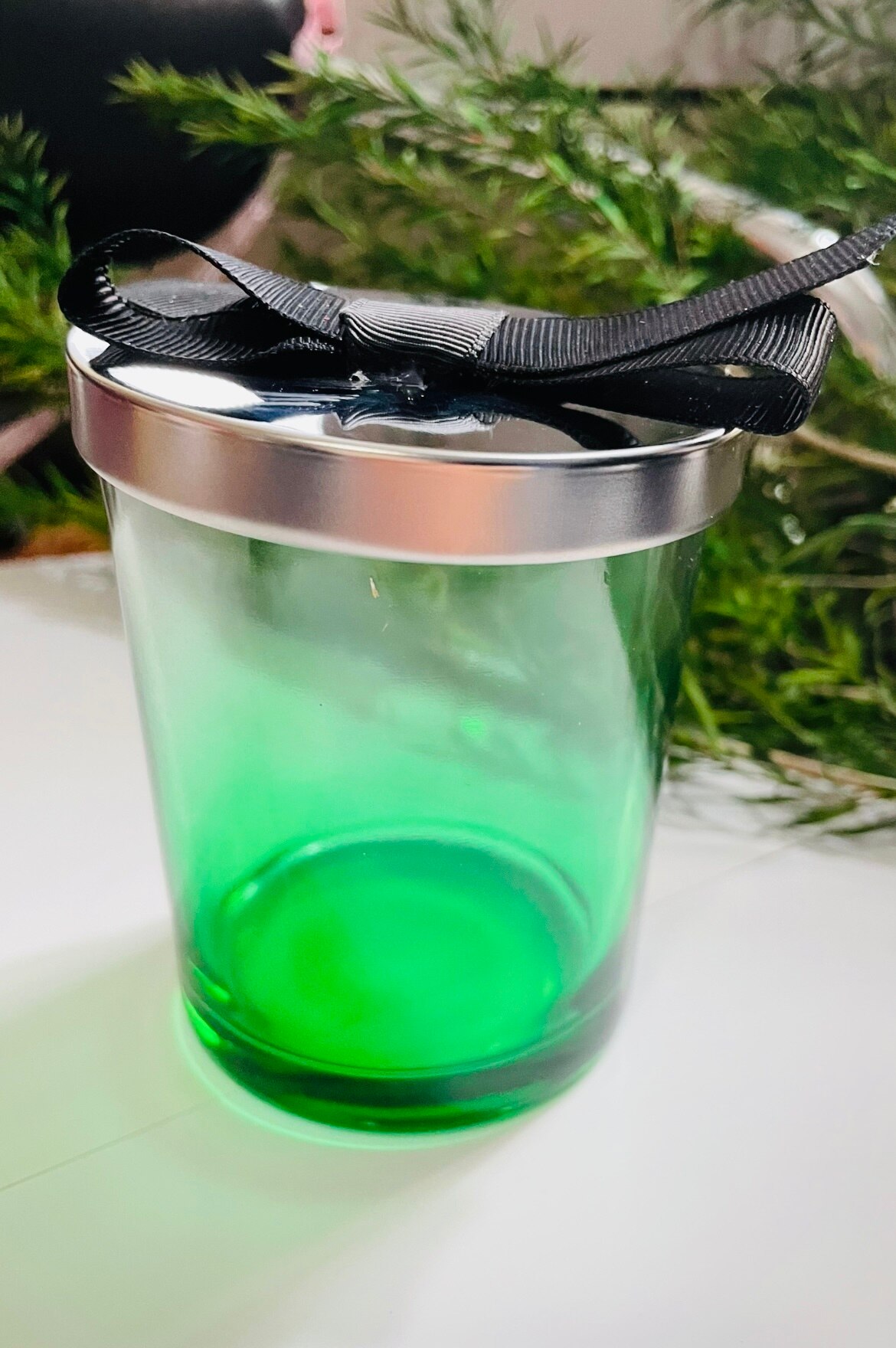 Taza vacía para hacer velas, material de fabricación de jarra de vela con cubierta de hierro, bowknot, de mano, velas de cera de soja: 7.2x8cm green