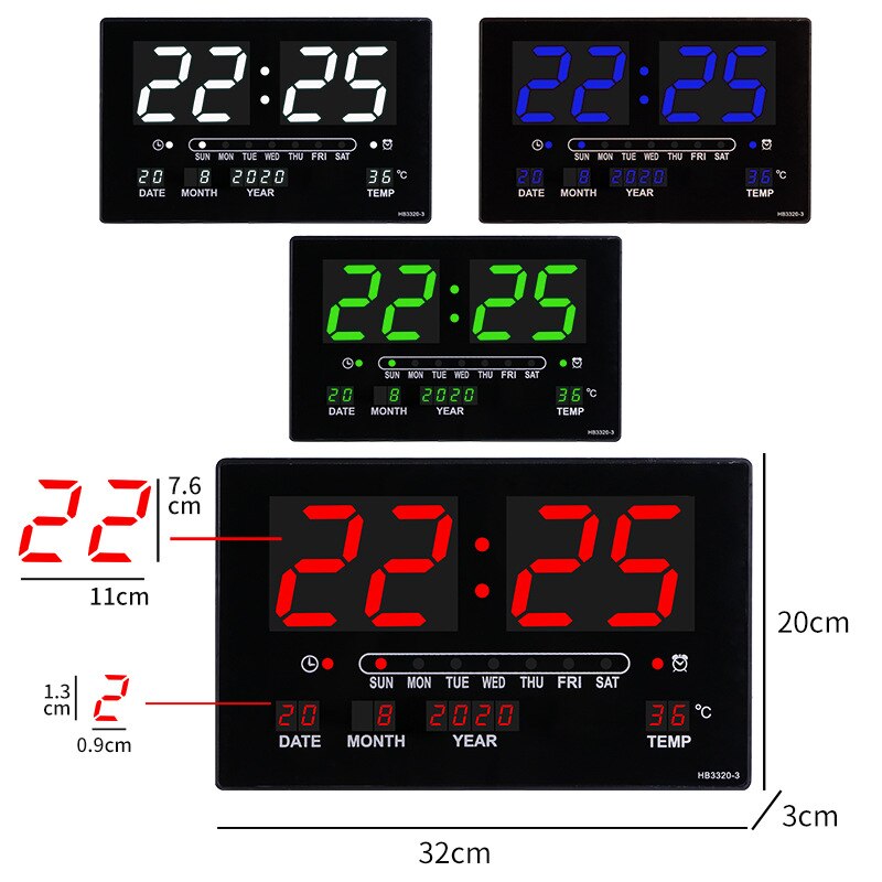Big number alarm clock Electronic LED calendar hanging clock with week display, Table digital thermometer alarm clock