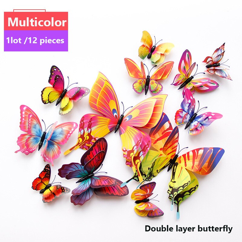 12 pièces/lot multicolore papillon Stickers muraux Double couche 3D bricolage papillons Stickers muraux pour décor à la maison salon: MULTI