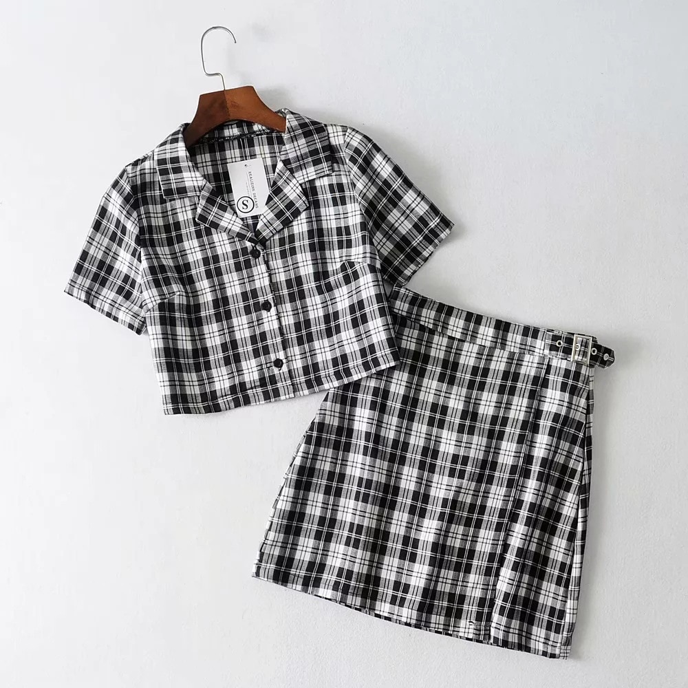 Vintage Plaid Trainingsanzug Frauen 2 Zwei Stück Set Casual Kurze Top Shirts + Mini Rock Passenden Sets Outfits conjuntos mujer Neue