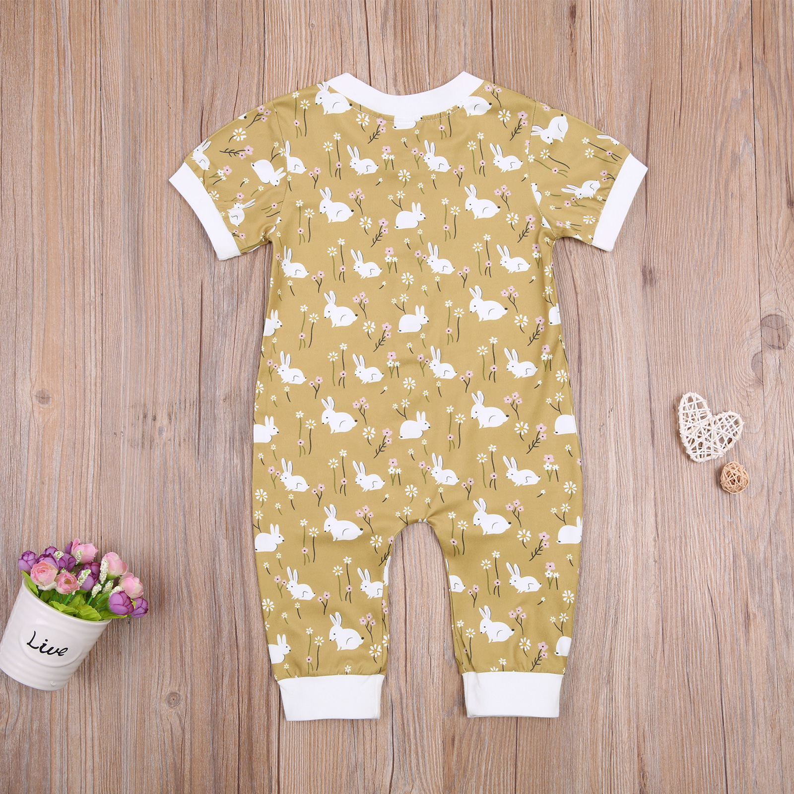 0-24M Baby Baby Jongen Meisje Korte Mouw Knoppen Open Voorzijde Konijn Bloemen Gedrukt Patroon Jumpsuit