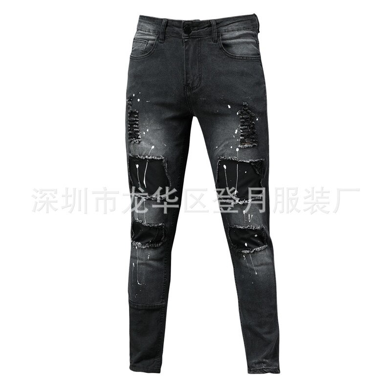 Mannen Ripped Skinny Jeans Zwart Patchwork Biker Potlood Broek Locomotief Denim Broek Straten Hip Hop Cowboy Broek