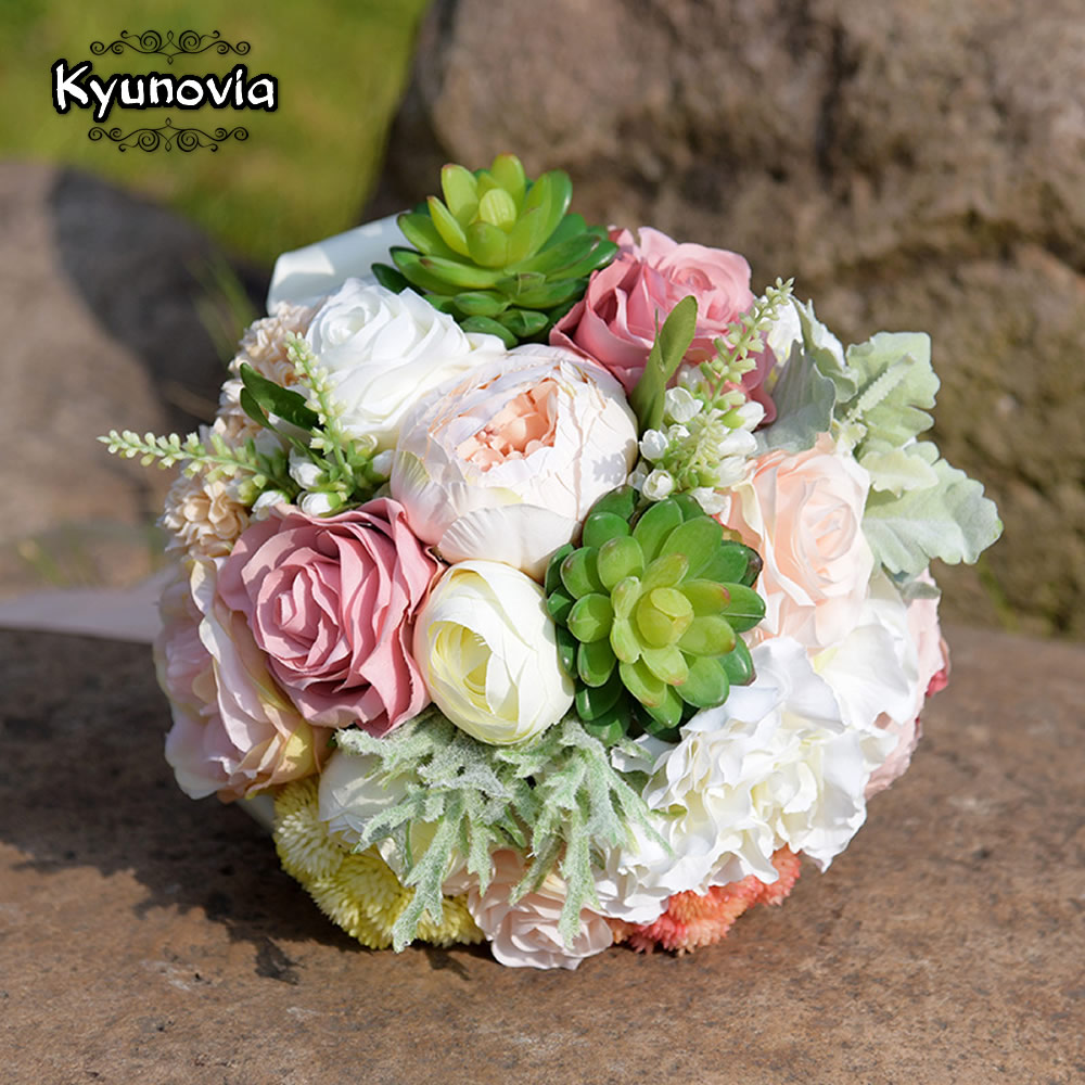 Kyunovia Sukkulenten Strauß schick Hochzeit Blumen Seidenblumen Hochzeit Blumenstrauß Romantische Brautstrauß FE28