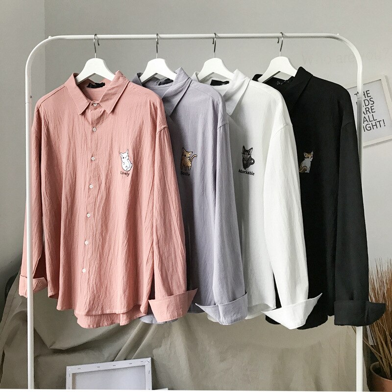Long Sleeve Shirts Men Casual Japanese Style Shirt Mens Blouse Embroidered Pink Plus Size Students Clothes Aesthetic Blouses