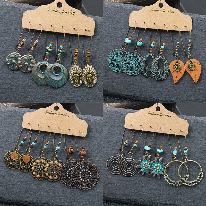 Boho Geometry Round Circle Alloy Earrings for Woman Indian Ethnic Leaf Long Hanging Earrings Set Jewelry Accessories