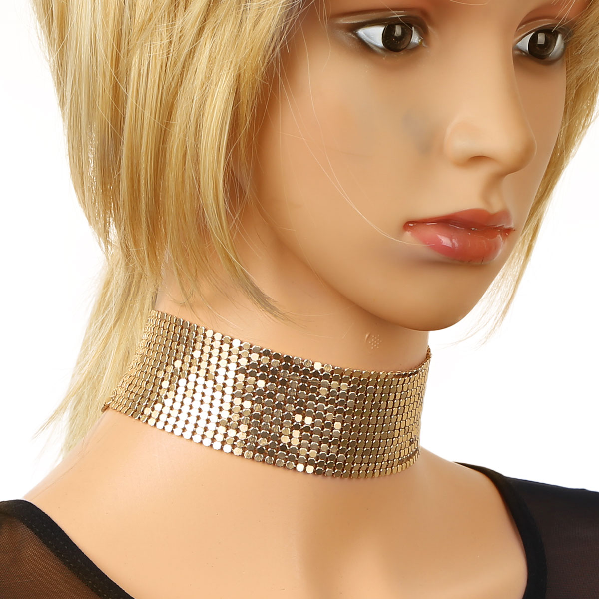 Glitter skinnende glat justerbar bred mesh flad kæde metal choker krave halskæde til kvinder piger rave dans kostume tilbehør