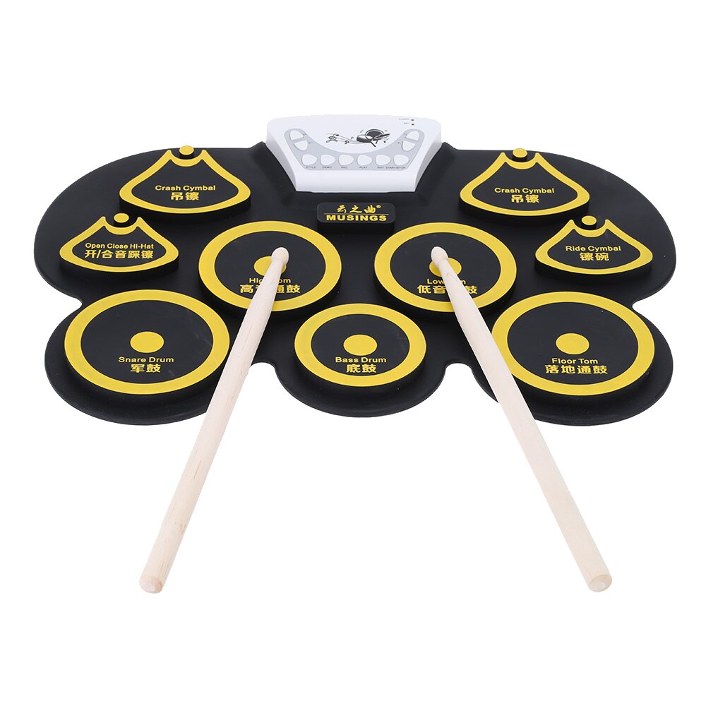 Electronic Drum Pad Kit Foldable Silicone Drum Portable Digital USB Drum with Stick and Foot Pedal: yellow