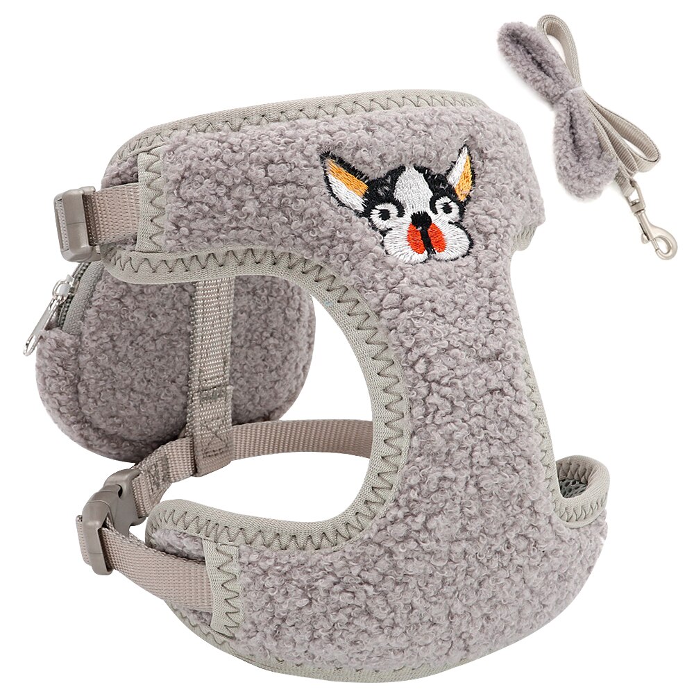 Lille hundesele snor med snackpose nylon chihuahua hvalpe kat sele bly flannel kæledyr mops seler til små mellemstore hunde: Lysegrå / M