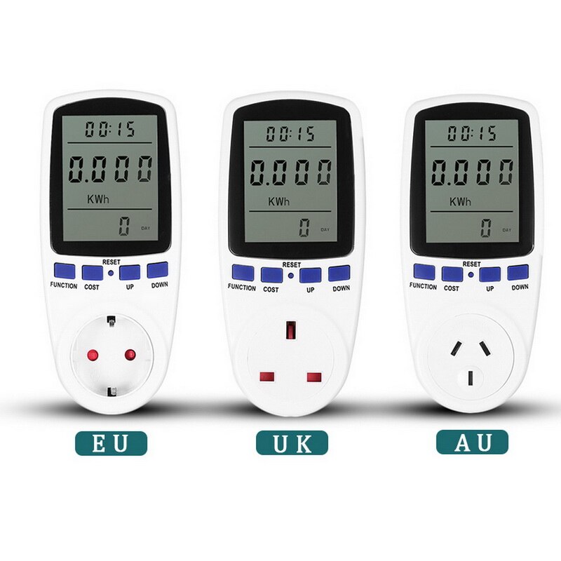 EU/UK/AU enchufe vatímetro Digital medidor de energía consumo Watt energía KWh Socket 220V AC Monitor Analizador de tarifas de electricidad