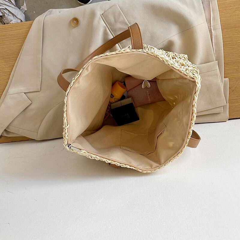 Firkantet Hult Strå Strandveske - Tote bag - Glidelås - Bohemsk Sommerferie