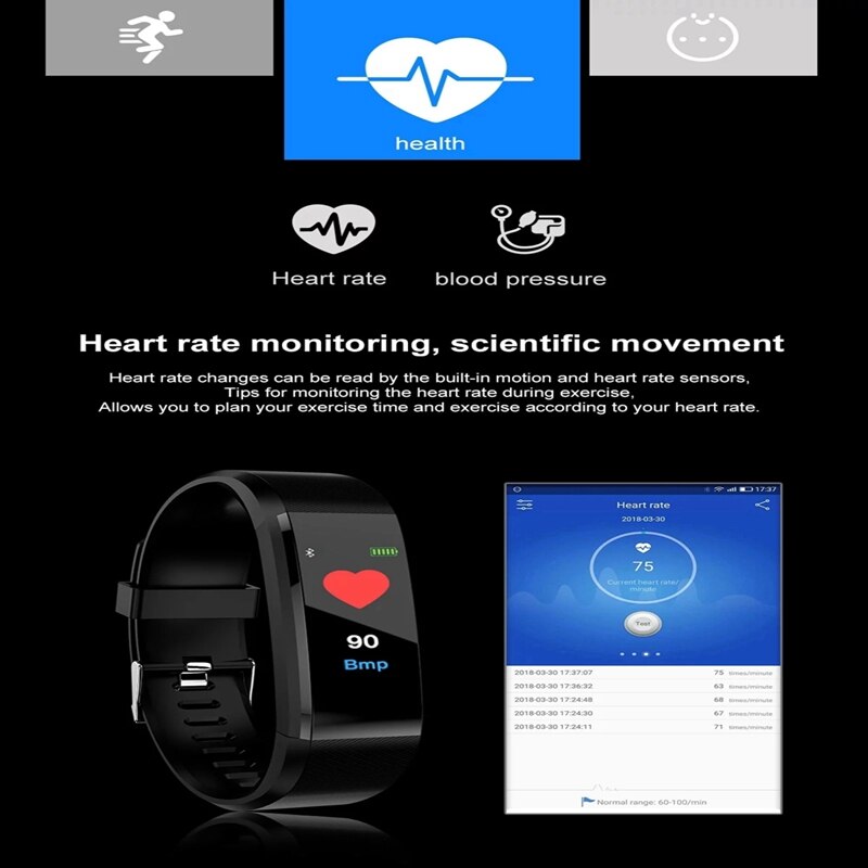 Heart Rate Fit Bit Smart Band Bracelet Watch 115 plus with Step Calories Mileage Blood Pressure Sleep Monitoring