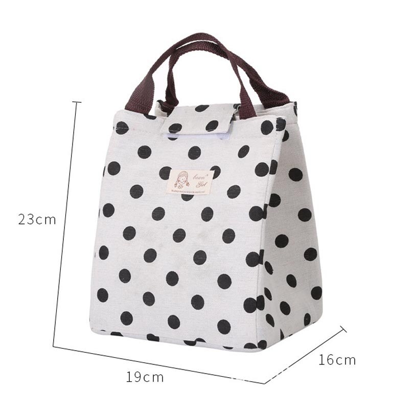 Waterproof Leisure Bag Cooler Lunch Bags Black Dot Pattern Hook Loop Opener Tote kids Warm Keeper Insulation Picnic Lunch Box