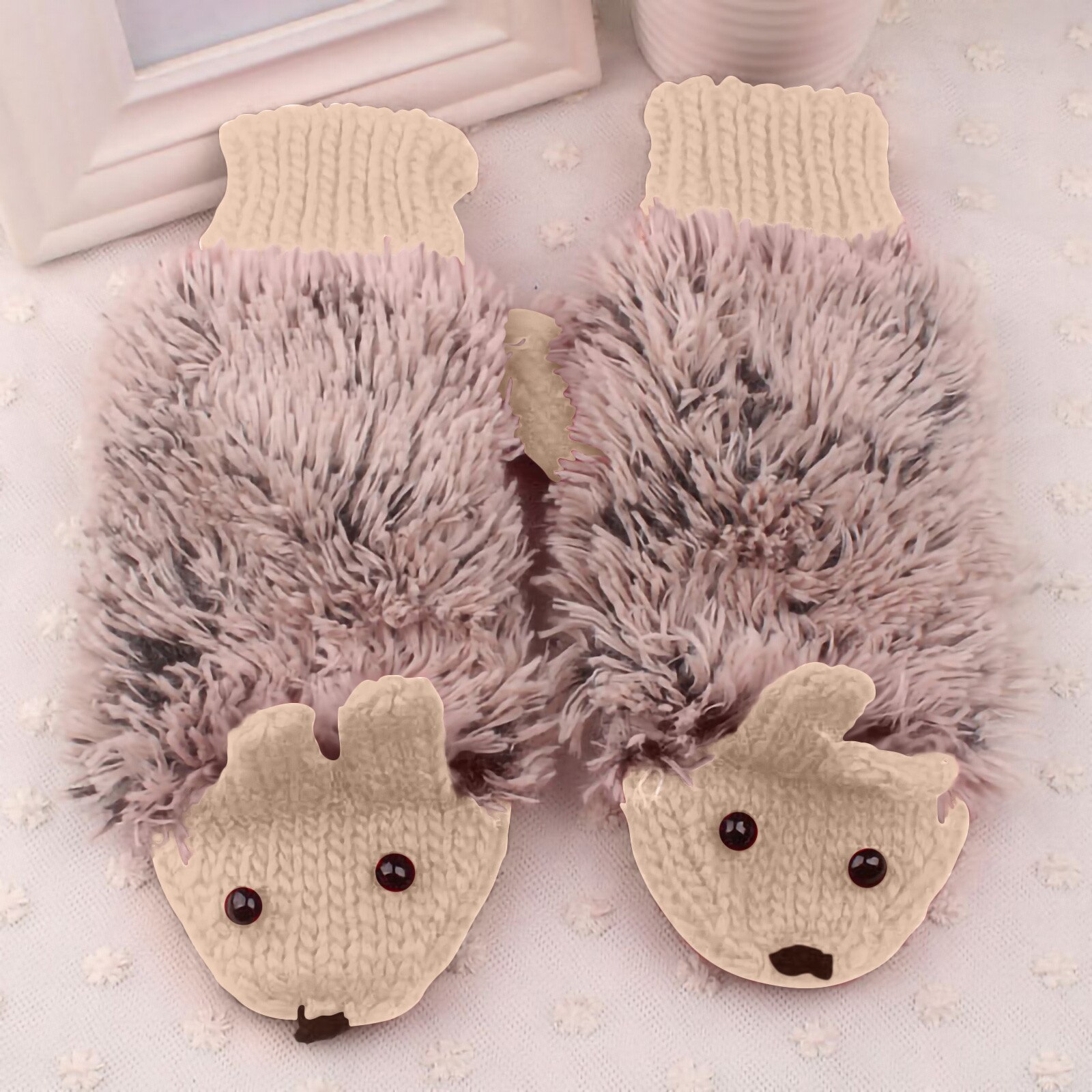 3d Cartoon Animal Girls Novelty Cartoon Winter Gloves For Women Knit Warm Fitness Gloves Hedgehog Heated Villus Wrist Mittens