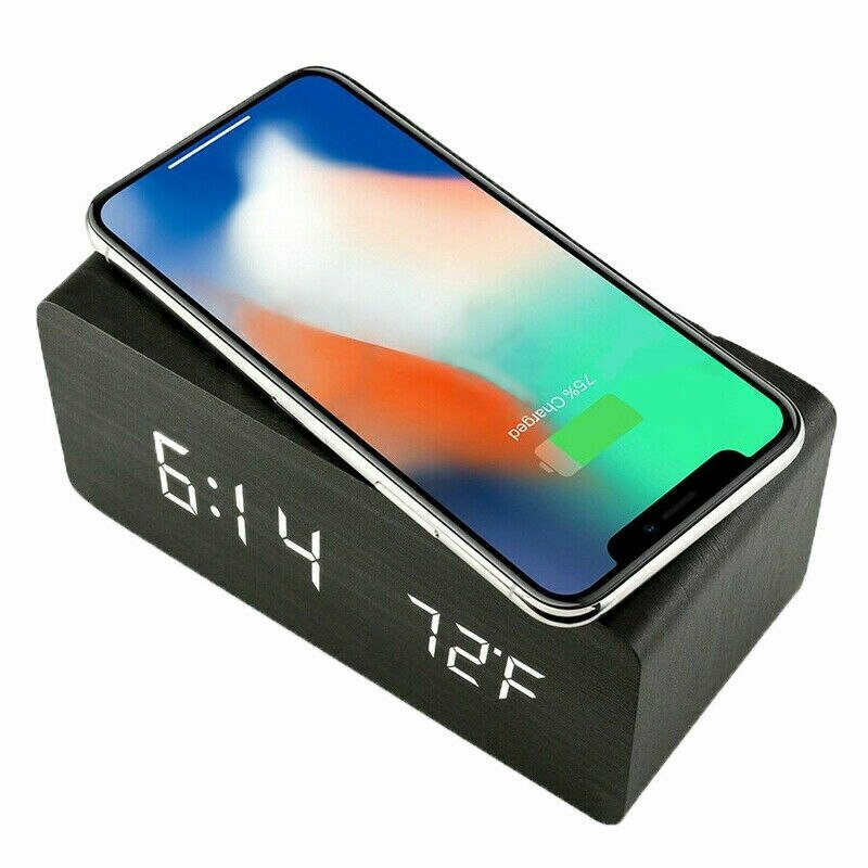 Moderne Thuis Houten Hout Digitale Led Desk Wekker Thermometer Qi Draadloze Oplader Voor Iphone: Black