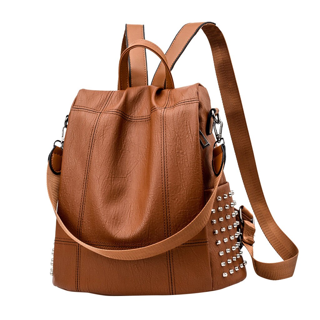 Mode Vrouwen Rugzak Pu Leer Klinknagel Slip Rugzak Meisje Mochila Feminina Anti-Diefstal Dubbele Schoudertassen: Bruin