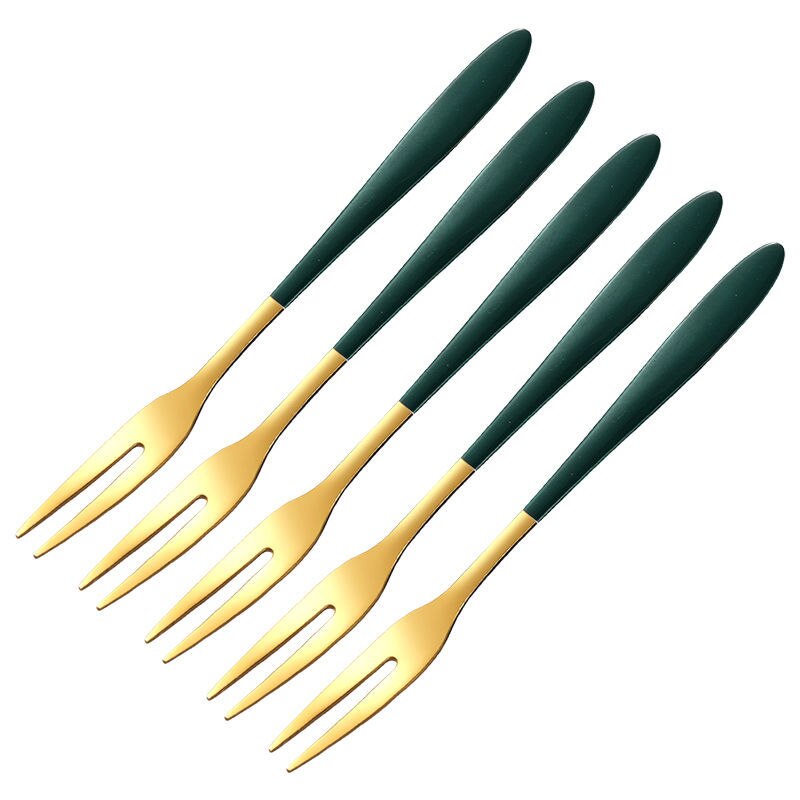 Fruit Fork Set Stainless Steel Fruit Fork INS Nordic Fruit Stick Fruit Plug Cute European Style Small Luxury: Blackish Green Golden Fruit Fork   Five Pack