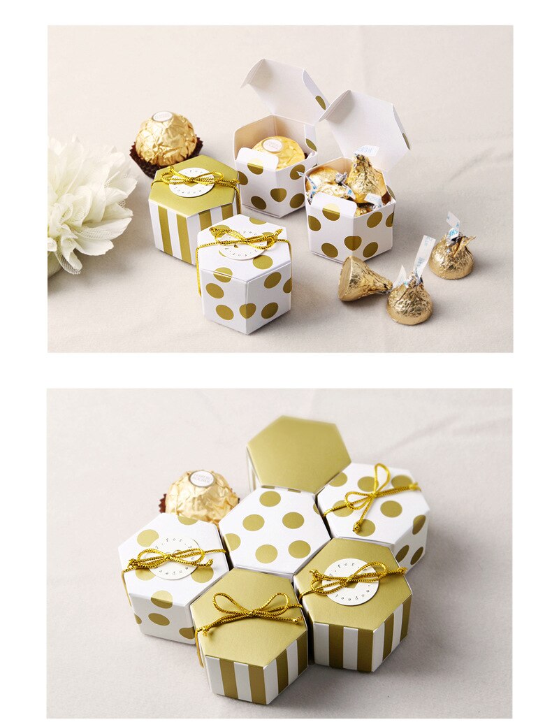 5Pcs Mini Gouden Streep Stippen Geschenkdoos Hexagon Bruiloft Chocolade Doos Bronzing Candy Box Bakken Pakket Wedding Party Decoraties