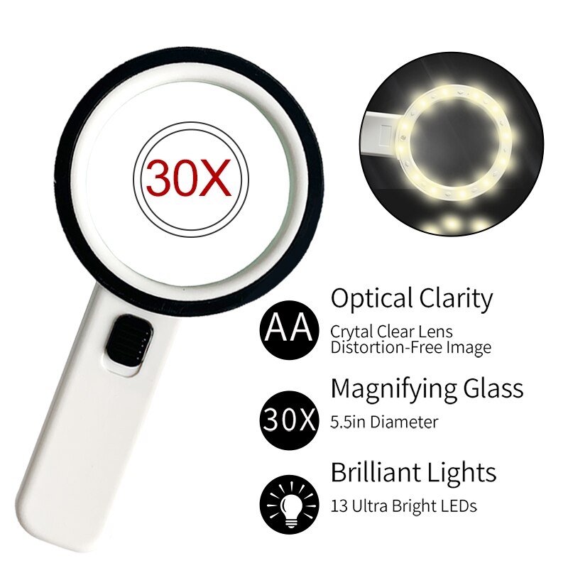 Handheld 10X Illuminated Magnifier Microscope Magnifying Glass Aid Reading for Seniors Loupe Jewelry Repair Tool With LED Light