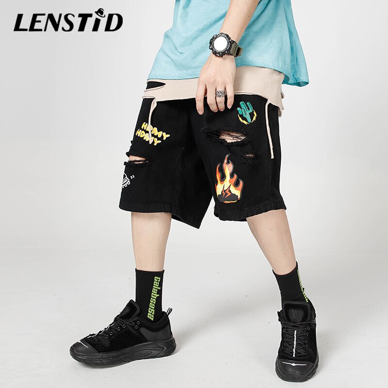 LENSTID été feu flamme Cactus imprimé détruit déchiré Baggy Denim Shorts Harajuku Streetwear Hip Hop Jeans décontractés pantalons courts