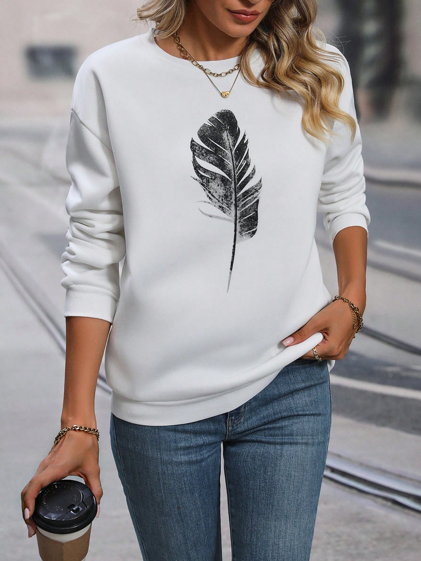 Eenvoudige Kunst Veren Print Sweatshirt Voor Dames Casual Street Style Tops Ronde Hals Mode Hoodies Herfst Fleece Dameskleding: L