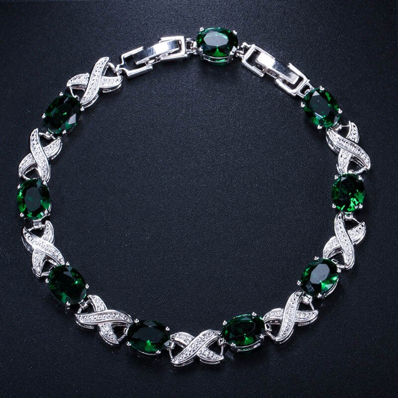 CWWZircons Argento di Alta Qualità di Colore Trasversale Rotonda Cubic Zirconia Donne Catena Braccialetti di Collegamento per la Cerimonia Nuziale Accessori Da Sposa CB008: green