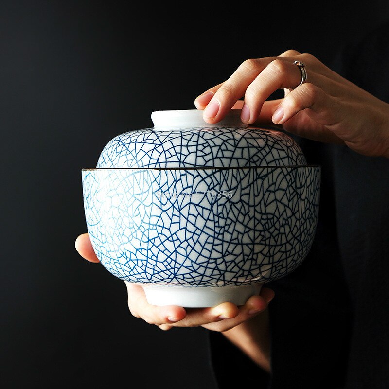 Cuenco de cerámica para sopa, tazón japonés de 4,5 pulgadas y 6,5 pulgadas con tapa, tazón de porcelana azul y blanca para arroz, tazón para sopa y estofado de