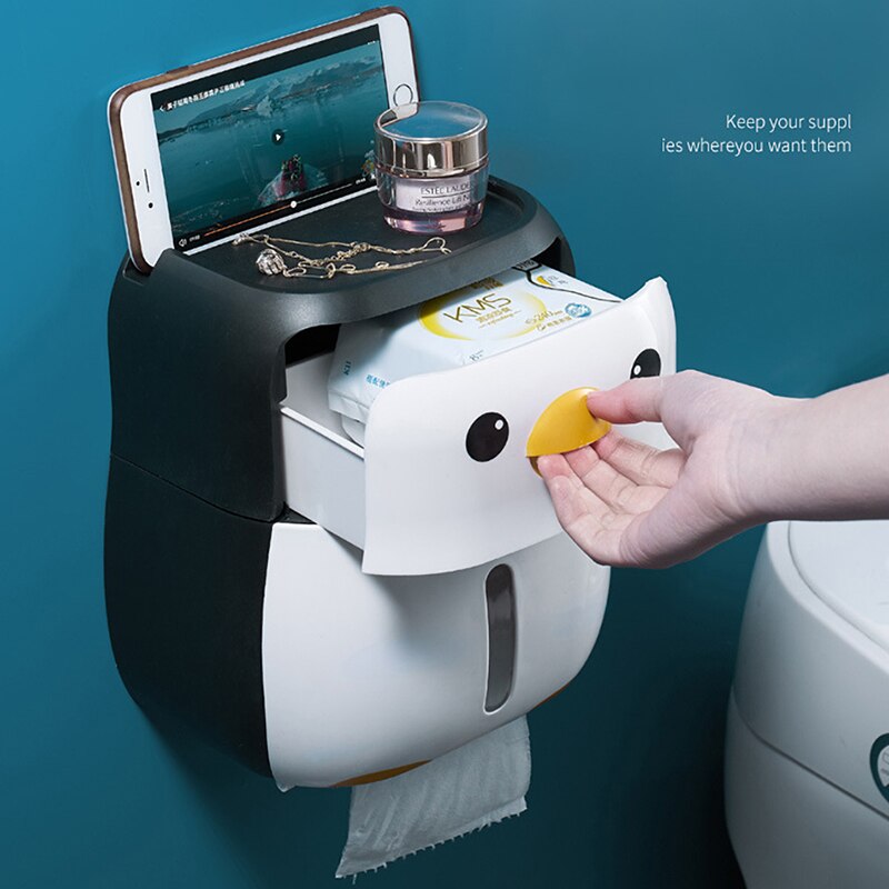 BAISPO-soporte de papel higiénico portátil, caja de pañuelos de pingüino, estante en rollo de papel montado en la pared, juego de accesorios de baño, almacenamiento impermeable