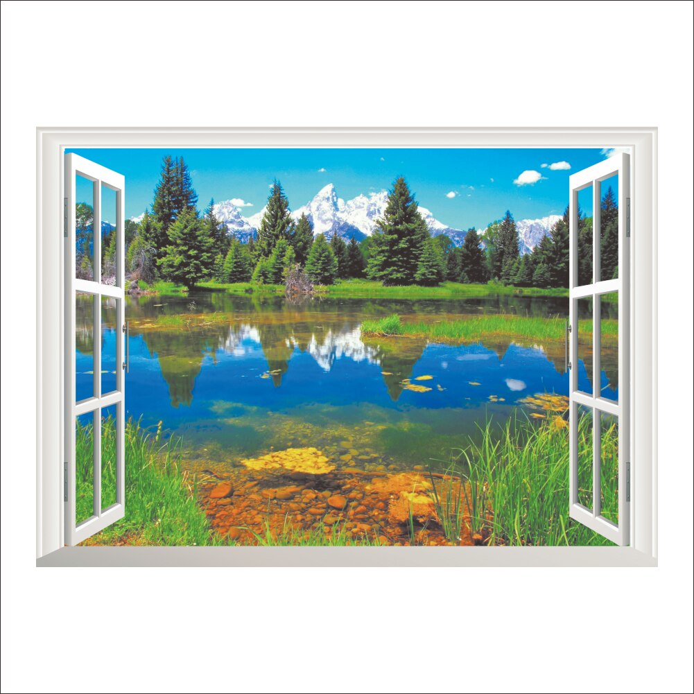 3d raam gebroken muur boslandschap in vier seizoenen landschap muursticker groene boom verwijderbaar behang huissticker huisdecoratie: 14144