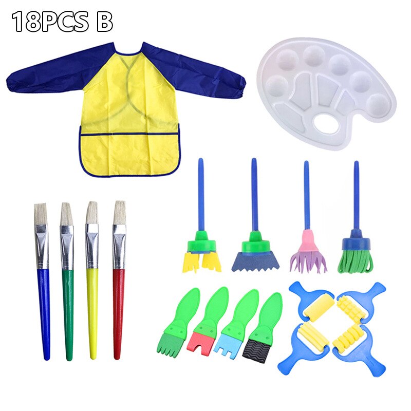 DIY Children Painting Foam Sponge Brush Apron Moulds Tools Kit Kids Early Art Education Learning Drawing Graffito Tools: 18pcs toys gift B